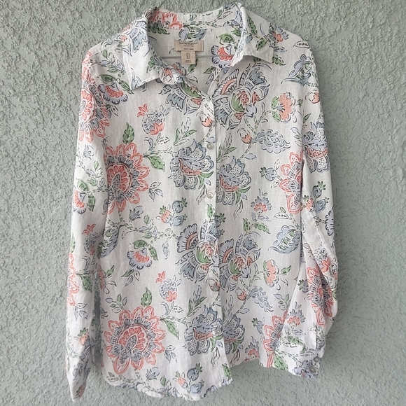 Martha Stewart Linen Floral Long Sleeve Button Down Shirt - Picture 1 of 7
